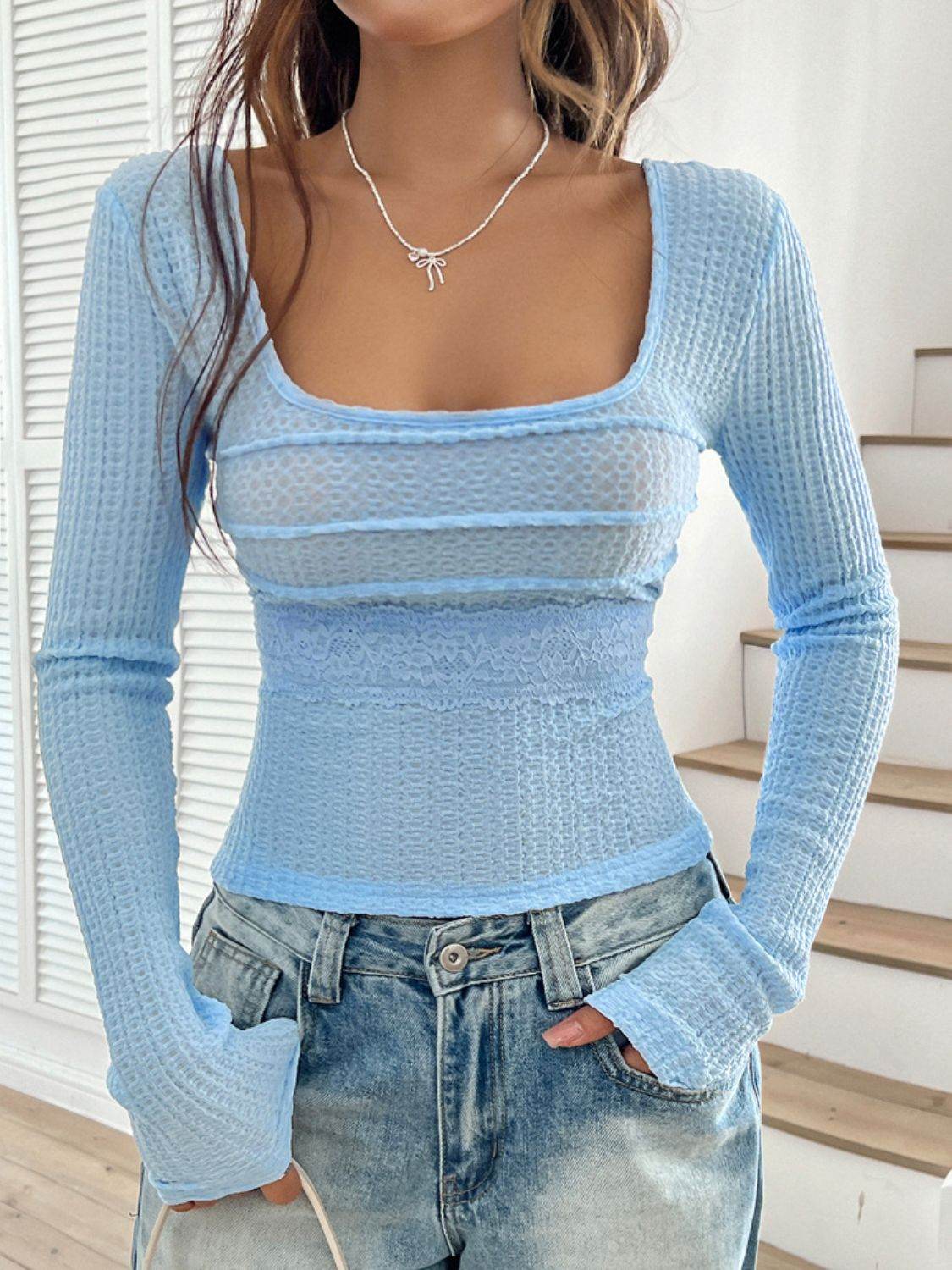 Devine Back Tie Square Neck Long Sleeve Top - Hovatok
