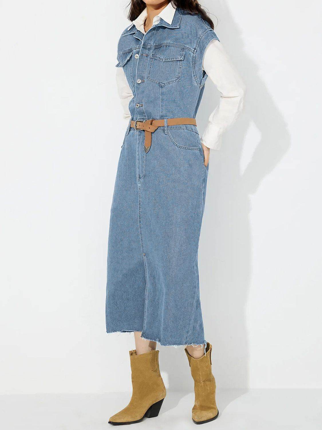 Slit Half Button Collared Neck Cap Sleeve Denim Dress - Hovatok