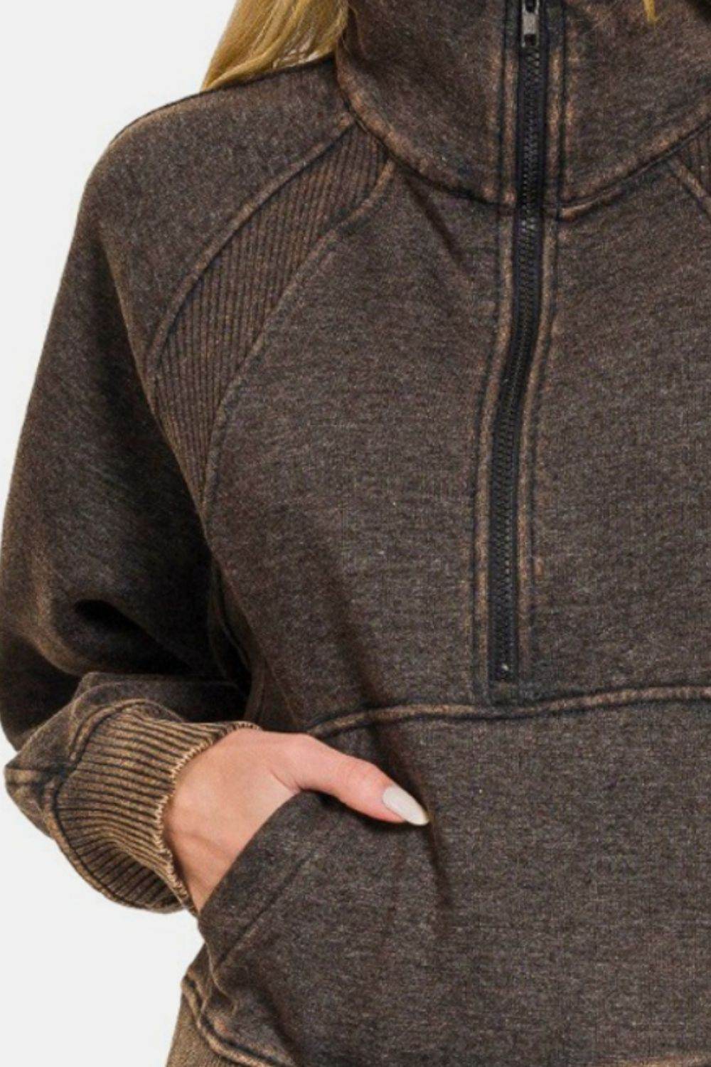 Zenana Acid Washed Half Zip Fleece Sweatshirt - Hovatok