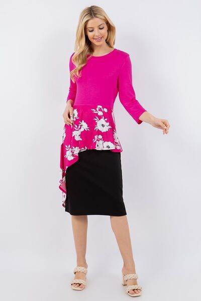 Celeste Full Size Floral Asymmetrical Hemline Round Neck Top Plus Size - Hovatok