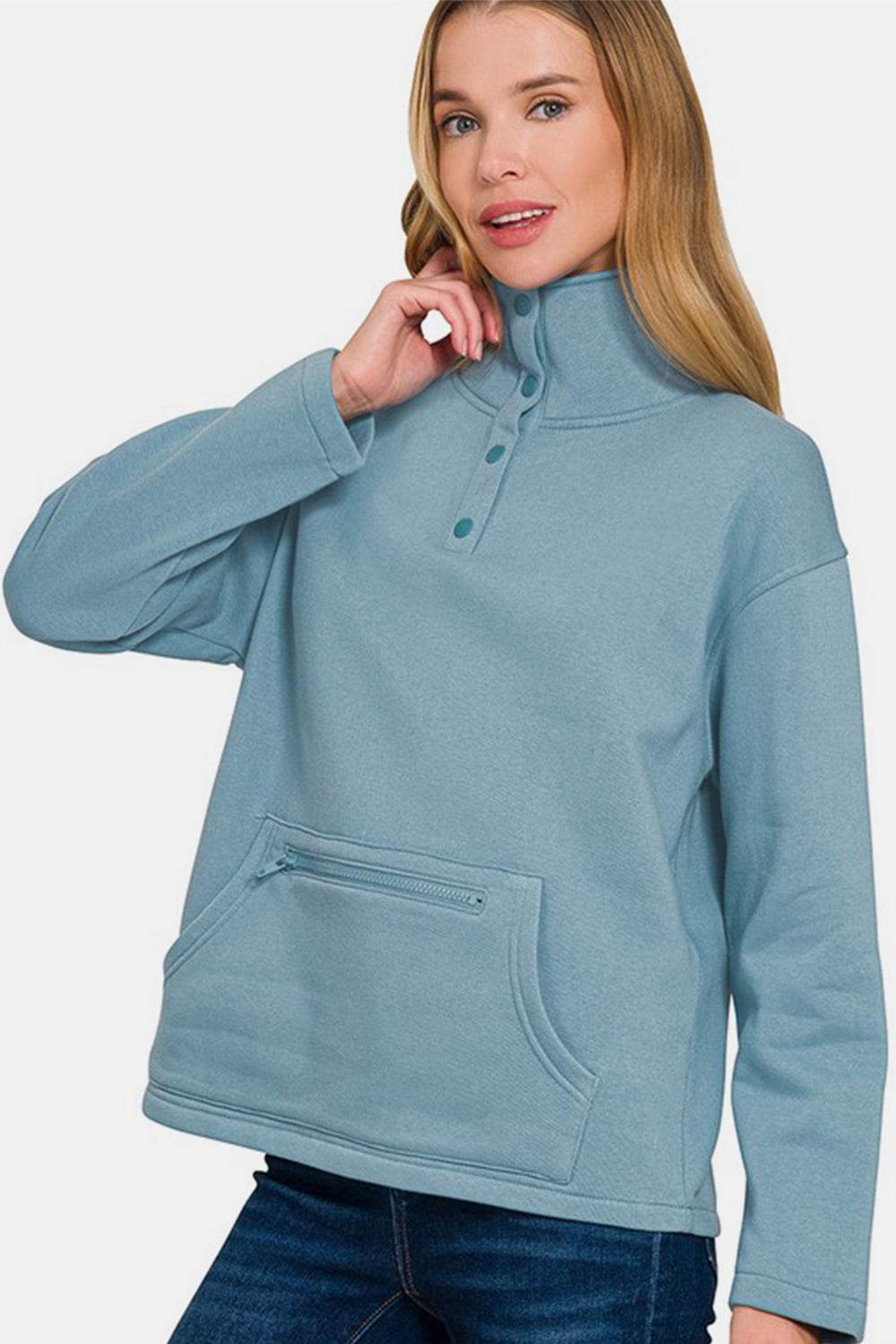 Zenana Turtleneck Half Snap Fleece Sweatshirt - Hovatok