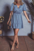 Ruffled Hem Smocked Flutter Sleeve Denim Mini Dress - Hovatok