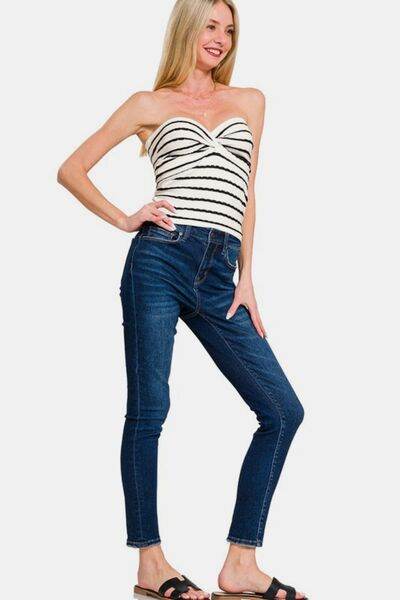Zenana Twisted Sweetheart Neck Striped Tube Top - Hovatok
