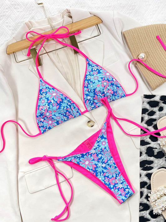 Floral Halter Neck Tie Side Bikini Set - Hovatok