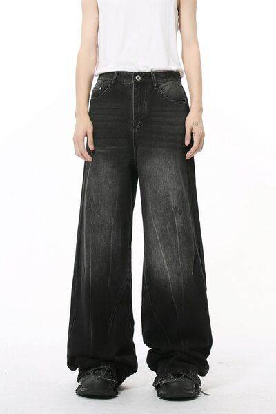 Washed Lightning Pattern Wide Leg Jeans - Hovatok