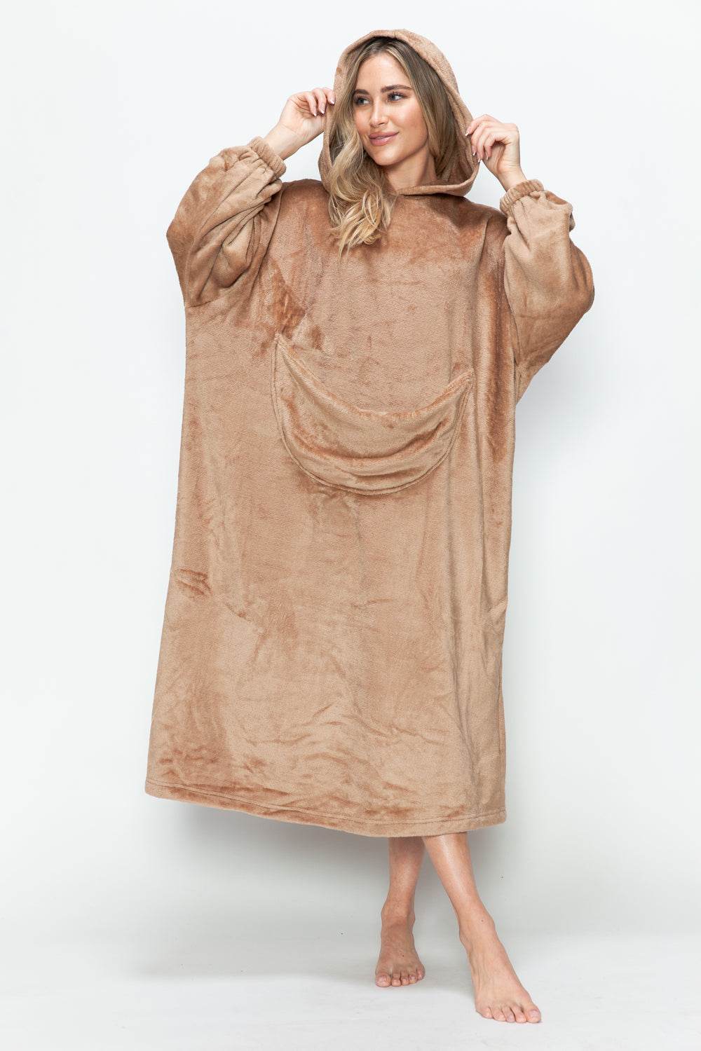 Double Take Full Size Pocketed Hooded Midi Lounge Dress - Hovatok