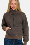 Zenana Acid Washed Half Zip Fleece Sweatshirt - Hovatok