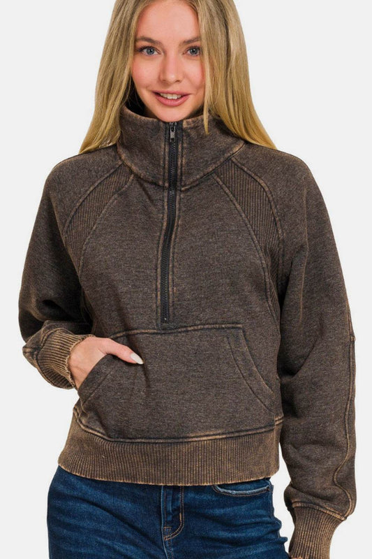 Zenana Acid Washed Half Zip Fleece Sweatshirt - Hovatok