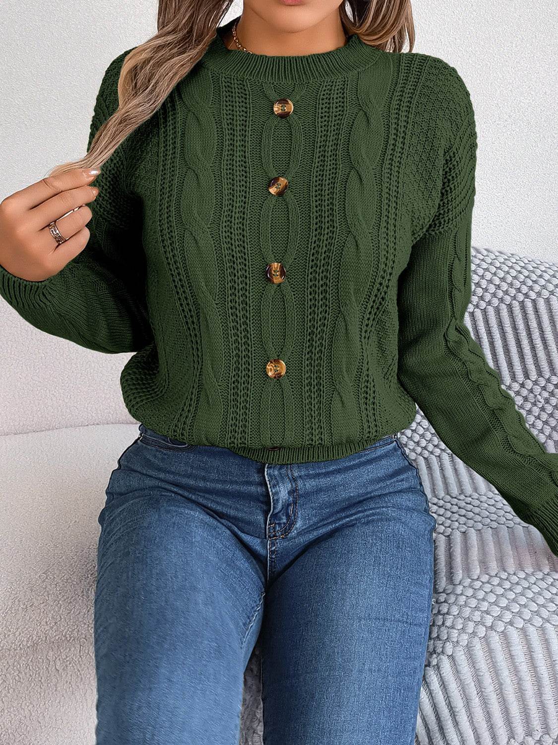 Cable-Knit Buttoned Round Neck Sweater - Hovatok