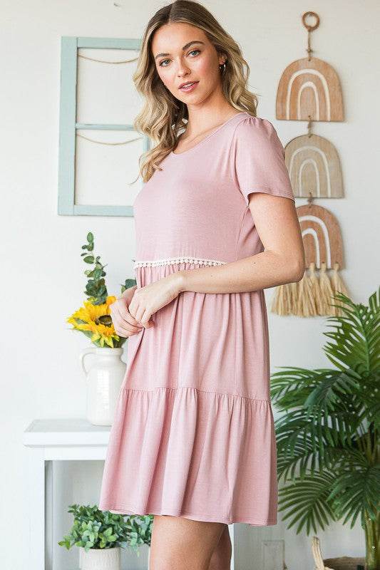 Heimish Full Size Solid Mini Tiered Dress with Pompom Lace Plus Size - Hovatok