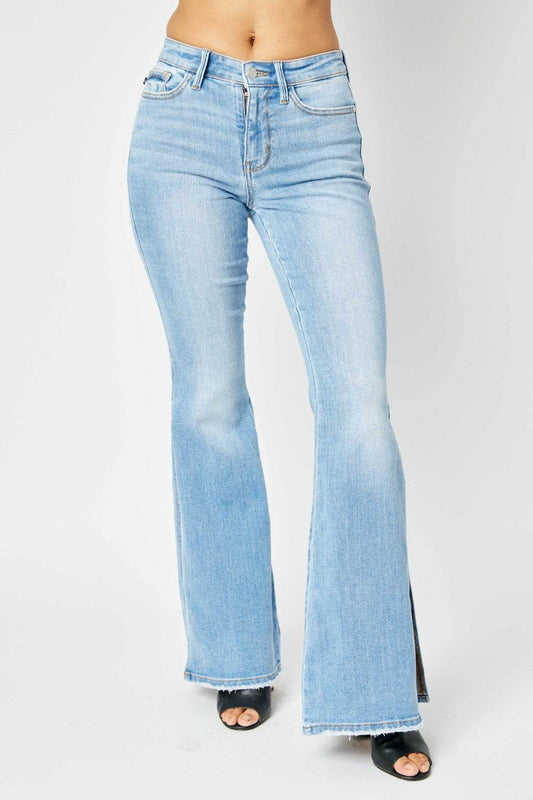 Judy Blue Full Size Mid Rise Raw Hem Slit Flare Jeans - Hovatok