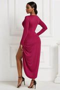 High-low Ruched Surplice Long Sleeve Dress - Hovatok