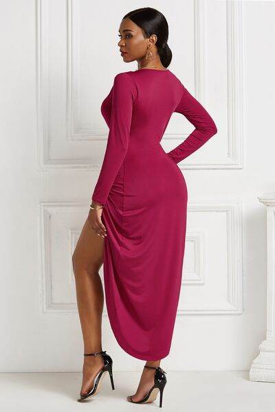 High-low Ruched Surplice Long Sleeve Dress - Hovatok