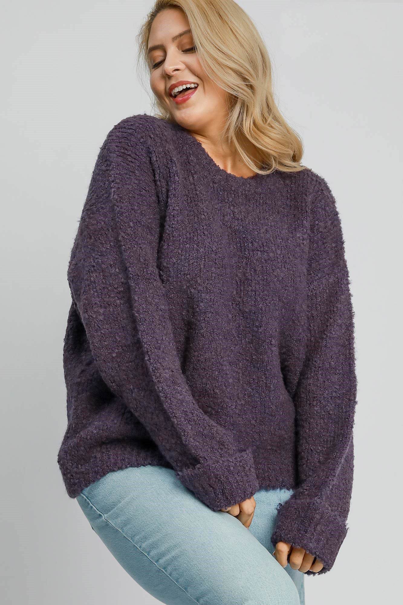 Umgee Full Size Round Neck Long Sleeve Boucle Sweater Plus Size - Hovatok