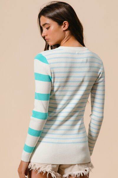 BiBi Contrast Striped Asymmetrical Hem Knit Top - Hovatok