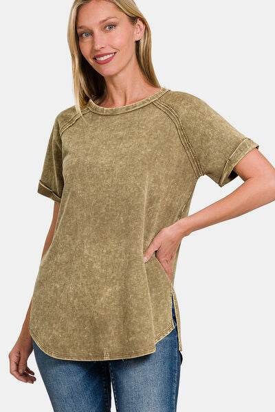Zenana Heathered Round Neck Short Sleeve Top - Hovatok