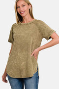 Zenana Heathered Round Neck Short Sleeve Top - Hovatok