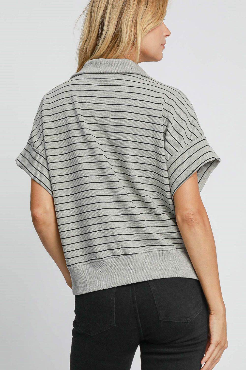 Umgee Striped Half Zip Short Sleeve Sweatshirt - Hovatok
