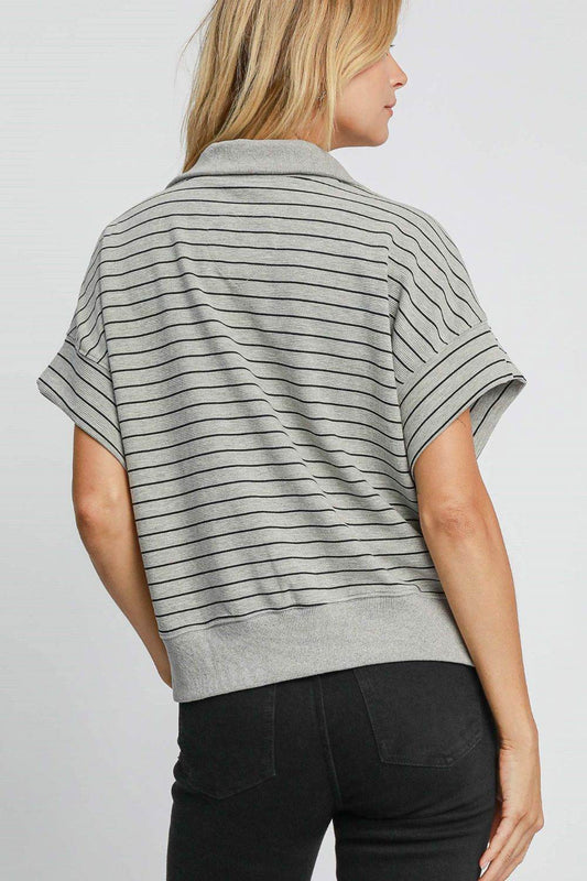 Umgee Striped Half Zip Short Sleeve Sweatshirt - Hovatok