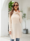 Turtleneck Waffle-Knit Slit Sweater Dress - Hovatok