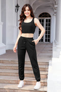 Waffle-Knit Cropped Tank and Drawstring Pants Set - Hovatok