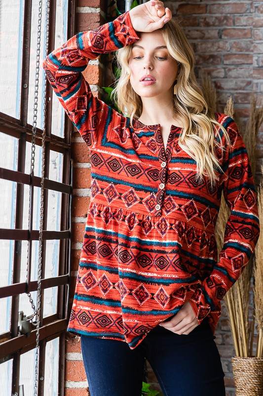 Heimish Full Size Geometric Button Detail Long Sleeve Babydoll Top - Hovatok
