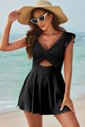 Cutout V-Neck Cap Sleeve One-Piece Swimwear - Hovatok
