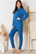 Basic Bae Full Size Ribbed Round Neck High-Low Slit Top and Pants Set - Hovatok