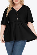 Plus Size Buttoned V-Neck Frill Trim Babydoll Blouse - Hovatok