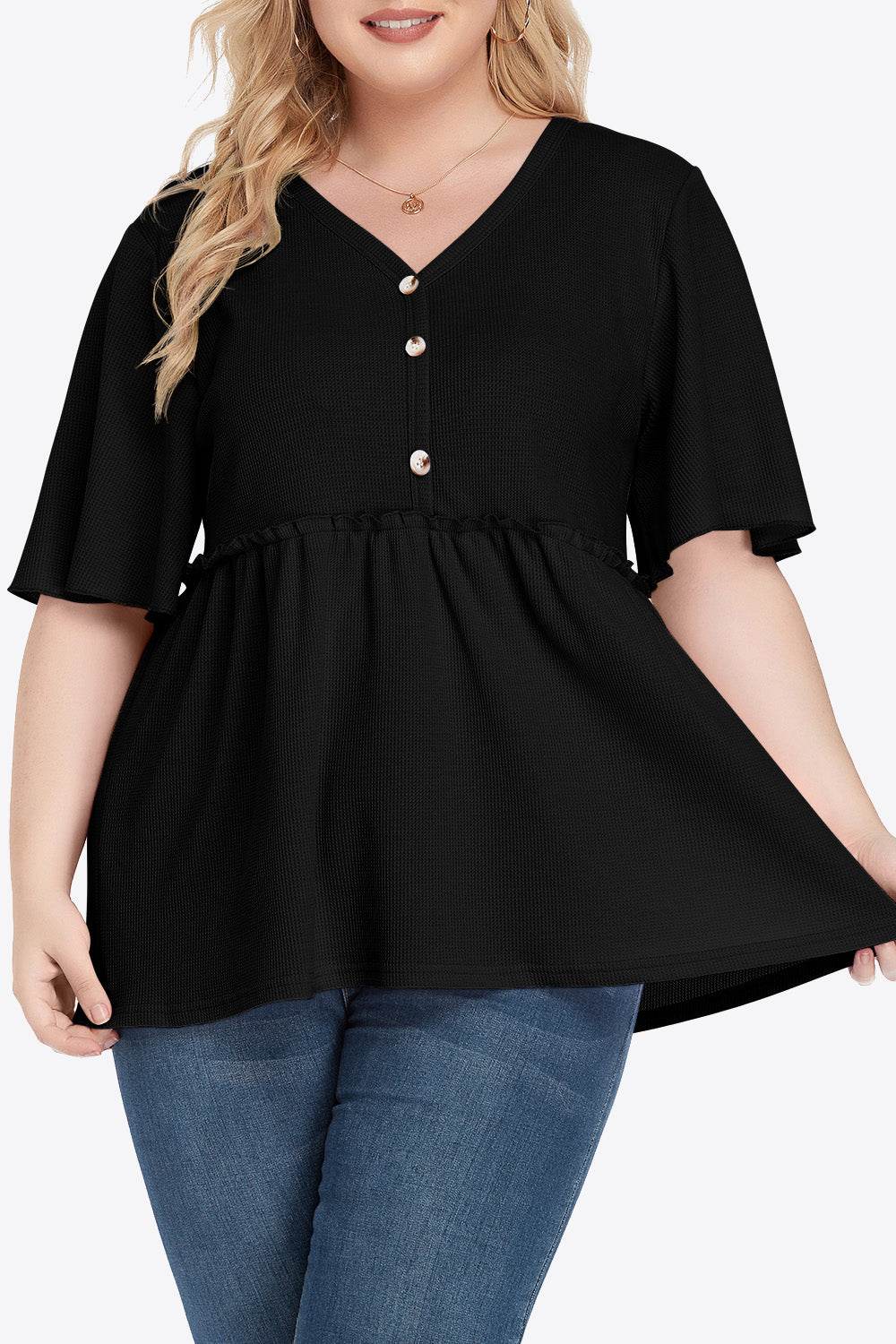 Plus Size Buttoned V-Neck Frill Trim Babydoll Blouse - Hovatok