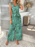 Devine Printed Round Neck Sleeveless Tie Waist Jumpsuit - Hovatok