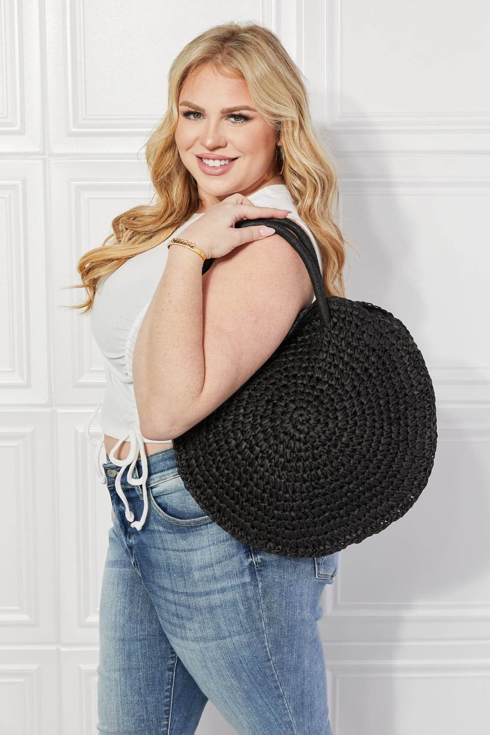 Justin Taylor Beach Date Straw Rattan Handbag in Black - Hovatok