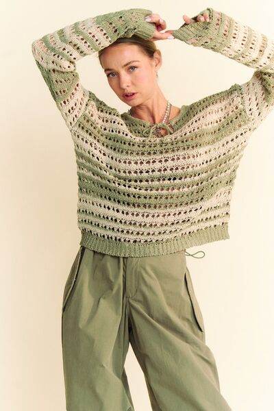 Davi & Dani Contrast Striped Crochet Drop Shoulder Knit Cover Up - Hovatok