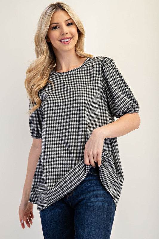 Celeste Full Size Gingham Print Top With Puff Sleeves Plus Size - Hovatok