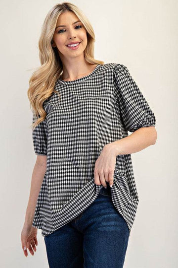Celeste Full Size Gingham Print Top With Puff Sleeves Plus Size - Hovatok