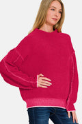Zenana Exposed Seam Mock Neck Long Sleeve Sweater - Hovatok