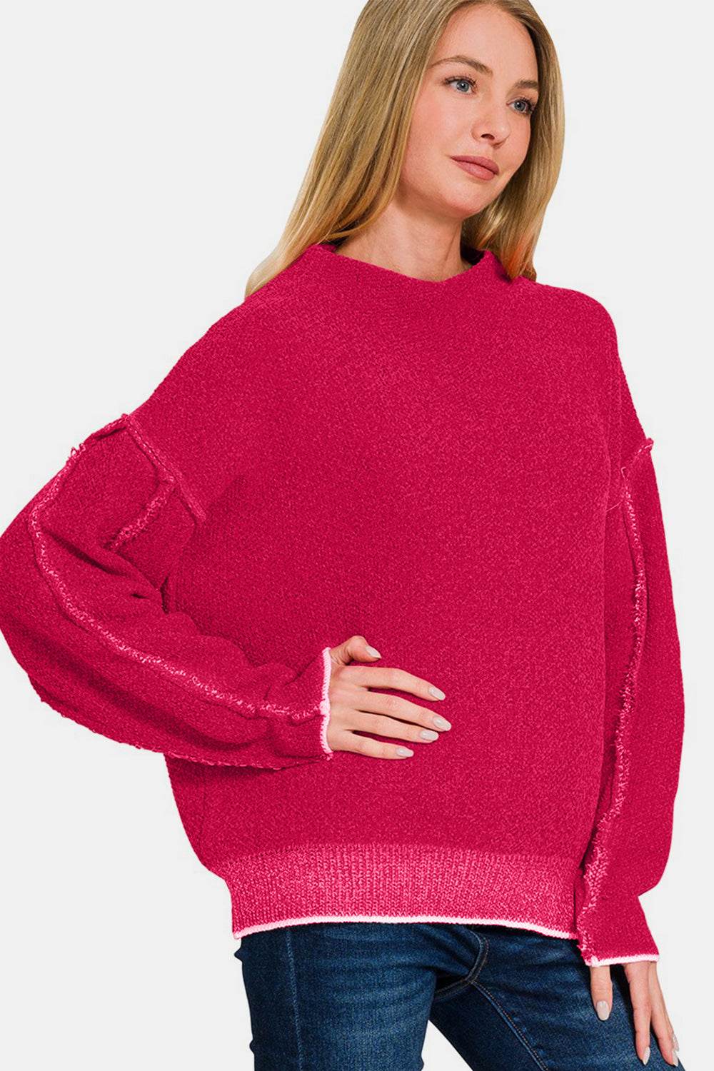 Zenana Exposed Seam Mock Neck Long Sleeve Sweater - Hovatok