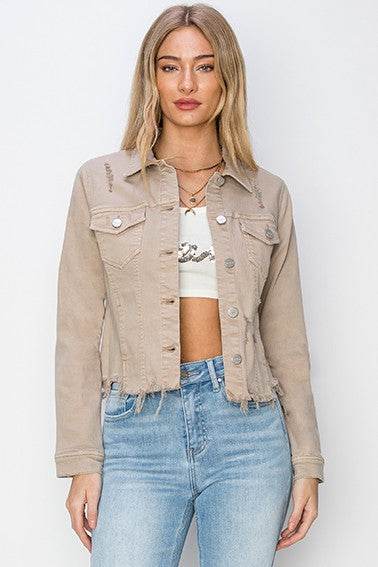 RISEN Full Size Raw Hem Button Up Cropped Denim Jacket Plus Size - Hovatok