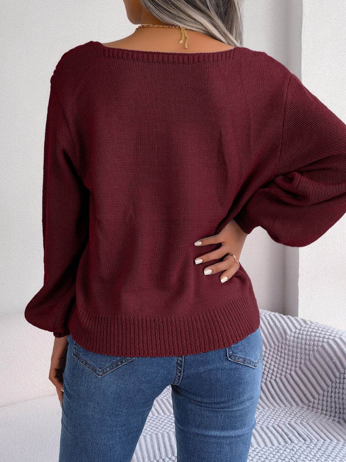Cable-Knit Square Neck Long Sleeve Sweater - Hovatok