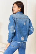 Baeful Leopard Floral Distressed Raw Hem Denim Jacket - Hovatok
