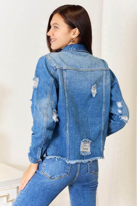 Baeful Leopard Floral Distressed Raw Hem Denim Jacket - Hovatok