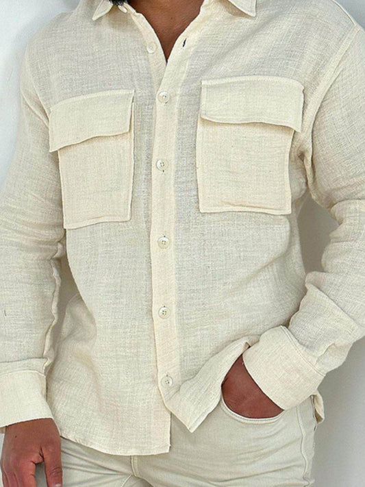 Men's Full Size Collared Neck Long Sleeve Shirt with Chest Pockets Plus Size - Hovatok