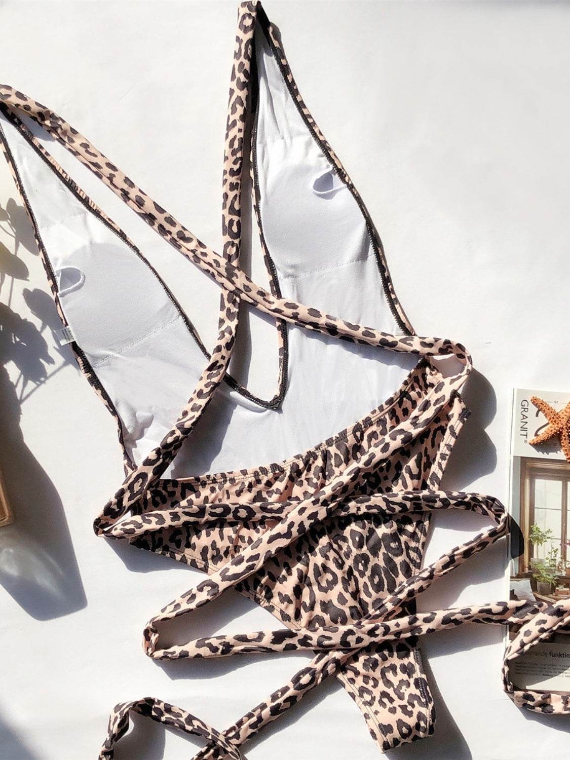 Tied Leopard Plunge One-Piece Swimwear - Hovatok