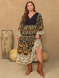 Plus Size Floral V-Neck Balloon Sleeve Midi Dress - Hovatok
