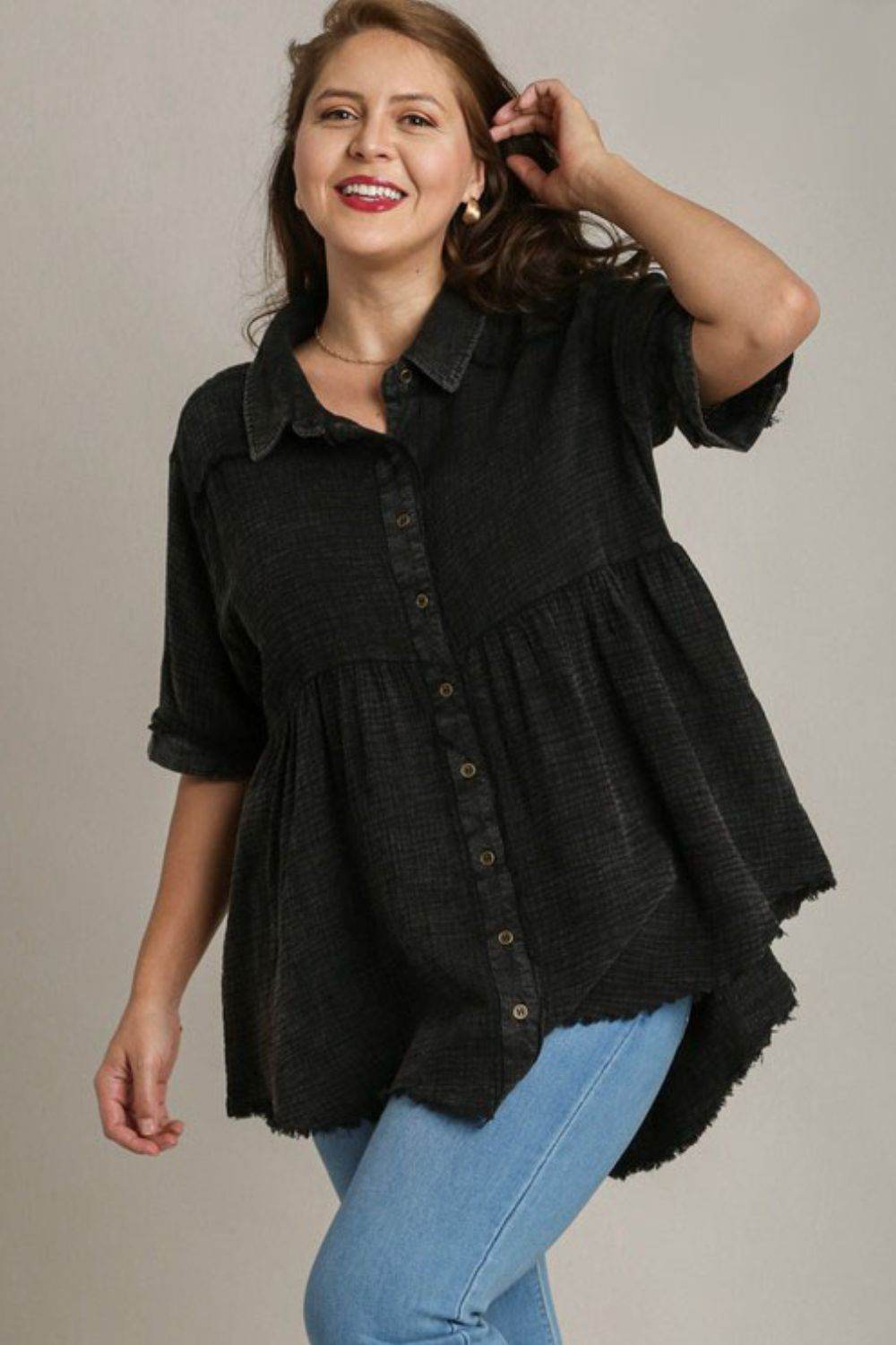 Umgee Full Size Cotton Gauze Button Front Shirt Plus Size - Hovatok