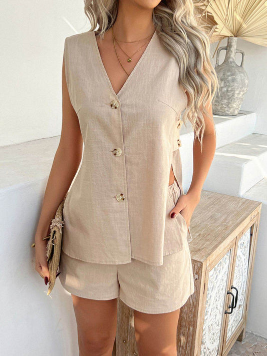 Devine Button Down V-Neck Tank and Shorts Set - Hovatok