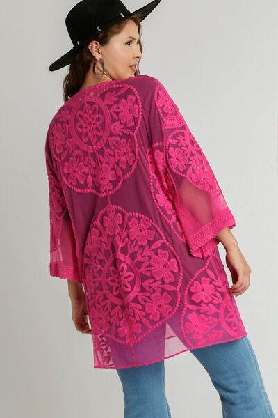 Umgee Full Size Floral Lace Open Front Kimono Sleevee Cover Up with Waist Tie Plus Size - Hovatok
