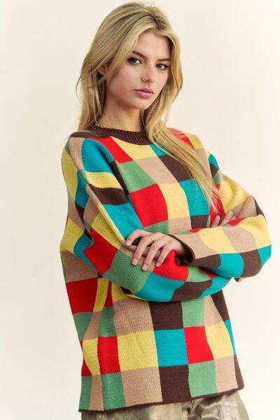Davi & Dani Color Block Checkered Dropped Shoulder Sweater - Hovatok