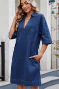 Johnny Collar Half Sleeve Denim Dress - Hovatok