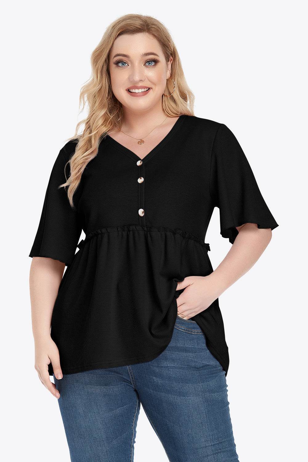 Plus Size Buttoned V-Neck Frill Trim Babydoll Blouse - Hovatok
